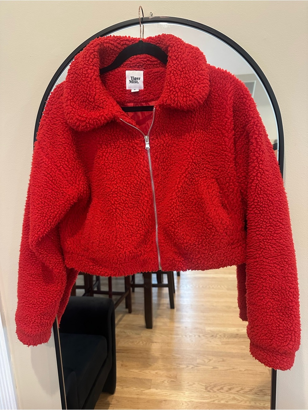 Tiger Mist Bright Red Cropped Teddy Zip Jacket